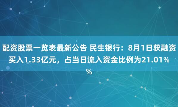 配资股票一览表最新公告 民生银行：8月1日获融资买入1.33亿元，占当日流入资金比例为21.01%